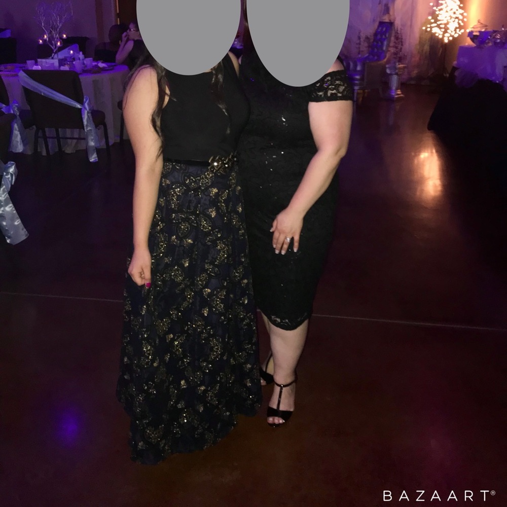 Formal gown. Colors black, somewhat blue and gold